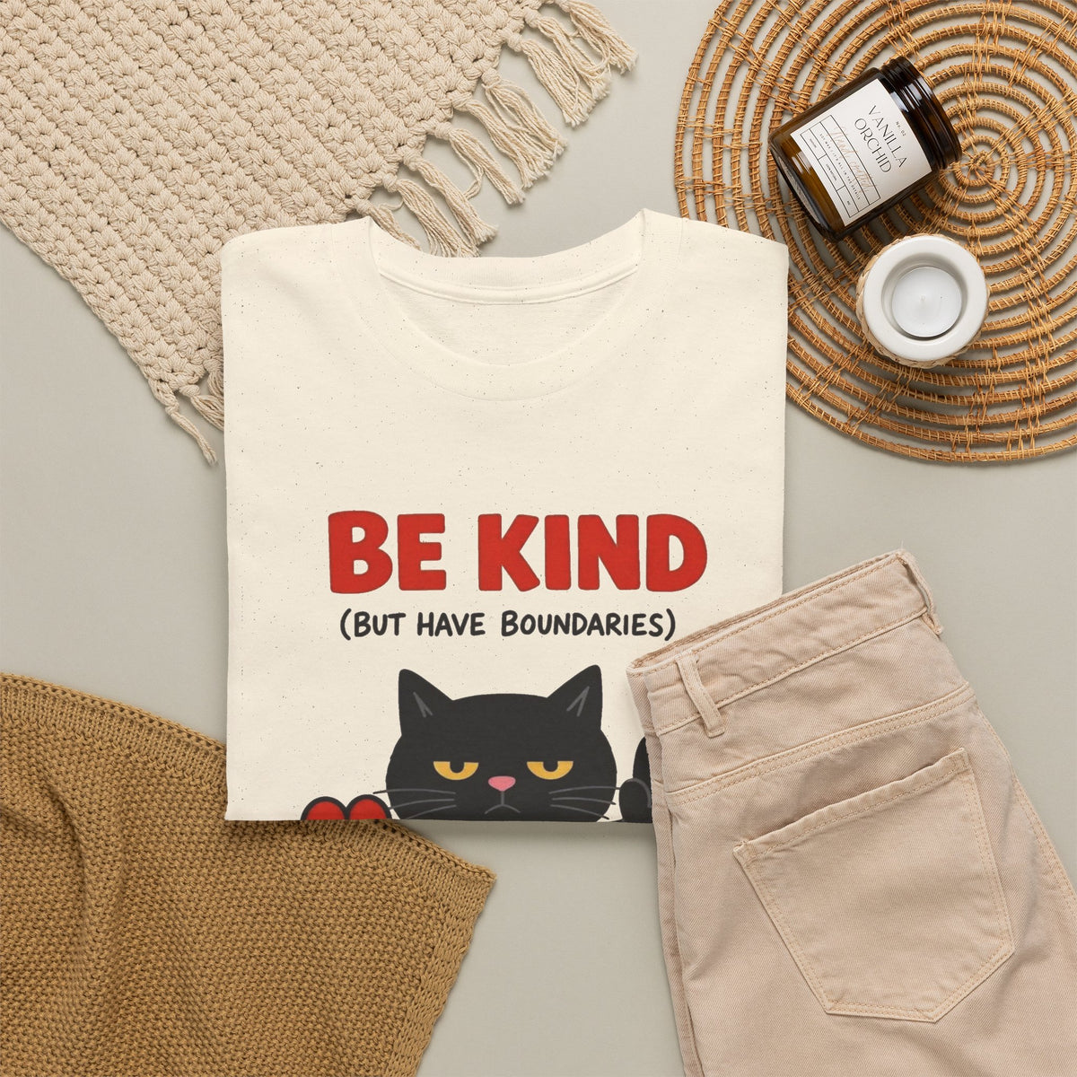 Be Kind But Have Boundaries Cat Funny Graphic T Shirt Men's Heavy Cotton Tee
