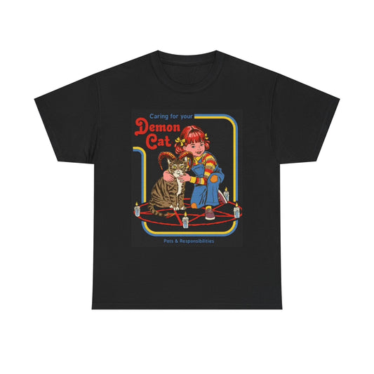 Demon Cat Graphic T Shirt Funny 70s ART Poster Unisex Heavy Cotton Tee